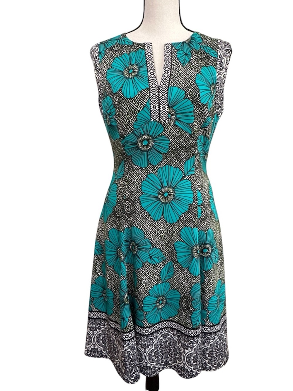 Maggy London Vibrant Teal Blue Modern Floral Sleeveless Summer Dress Sz 6